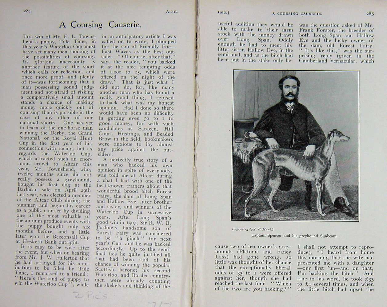 Original Old Antique Print 1912 Captain Spencer Greyhound Dog Sunbeam Pepin Cob