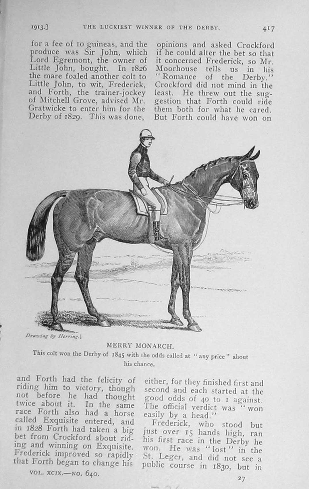 Original Old Antique Print 1913 Merry Monarch Horse Derby Racing Sport Baily'S