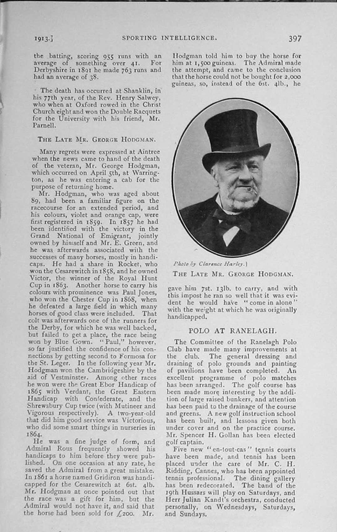 Original Old Antique Print 1913 Portrait Mr George Hodgman Sportsman 20th