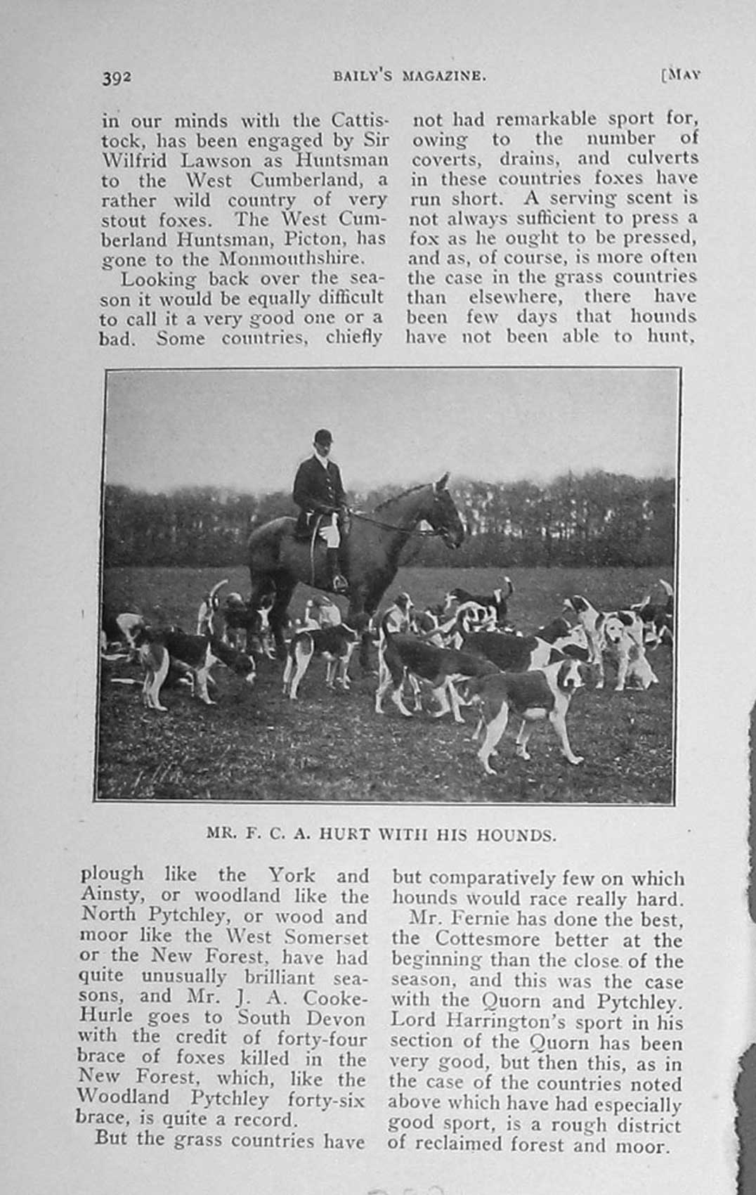 Original Old Antique Print 1913 Photograph Mr Hurt Hounds Hunting Horses Sport