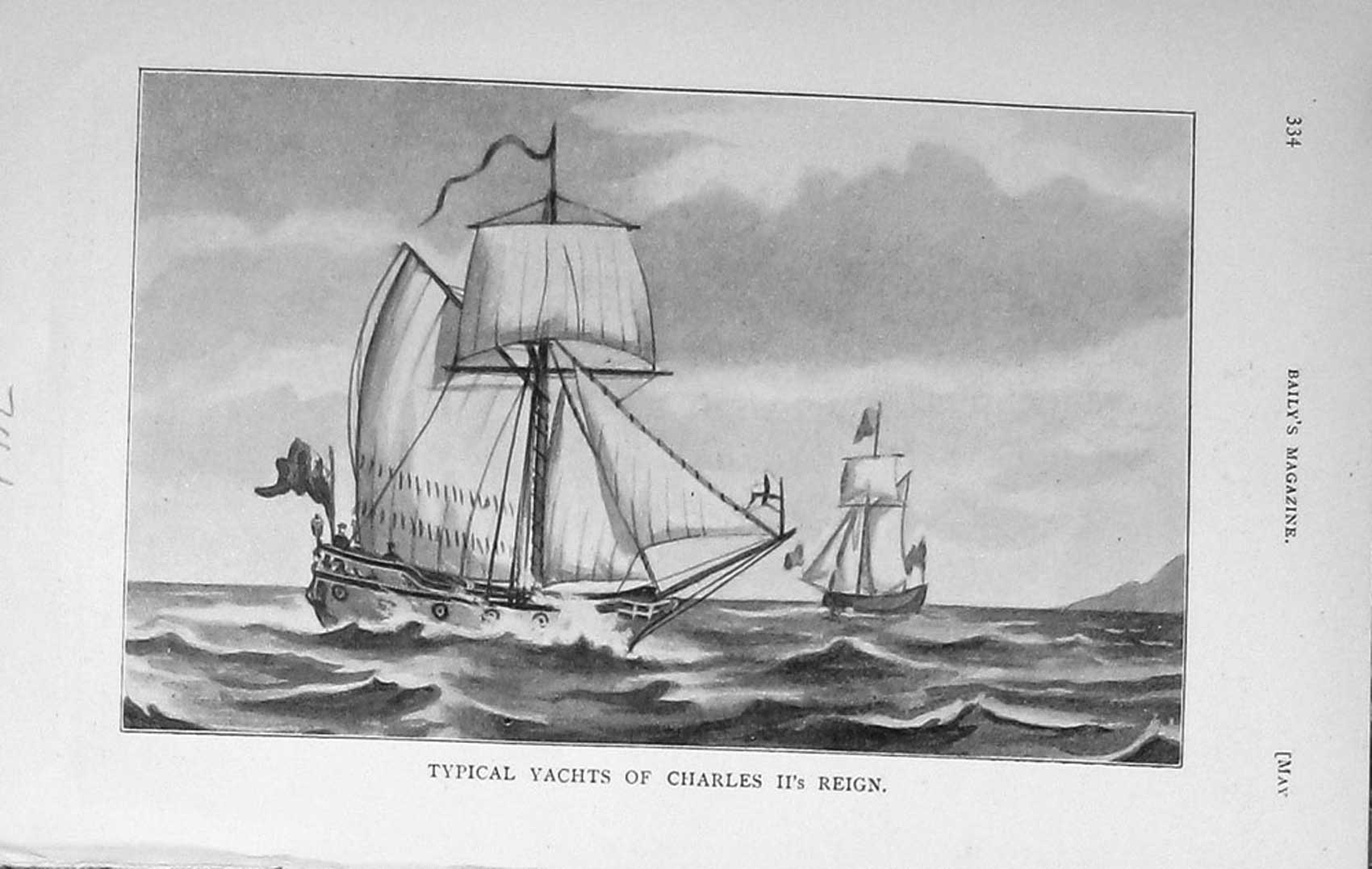 Original Old Antique Print 1913 Yachts Charles Ii Boats Sailing 20th Century