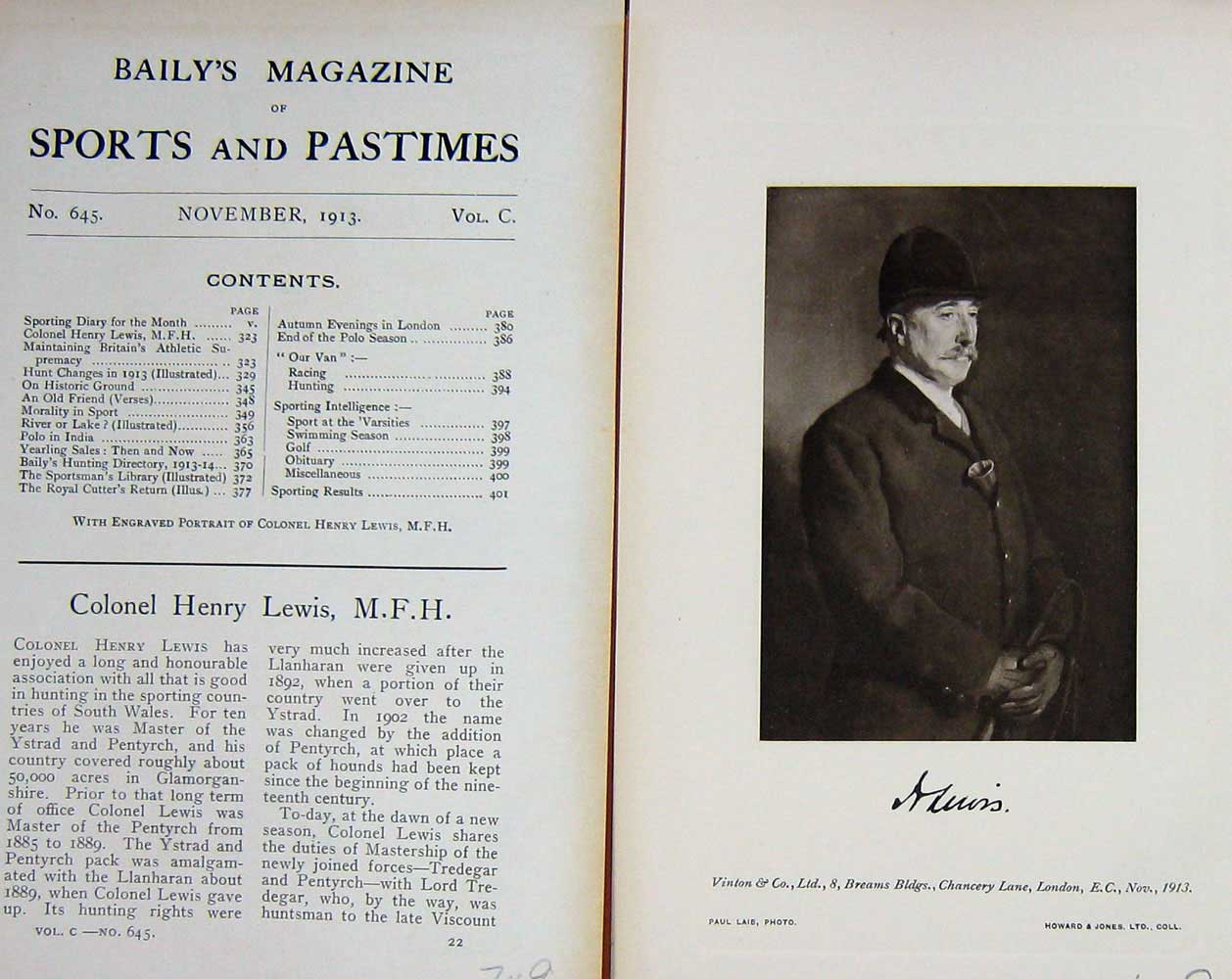 Original Old Antique Print 1913 Portrait Colonel Henry Lewis Hunting 20th