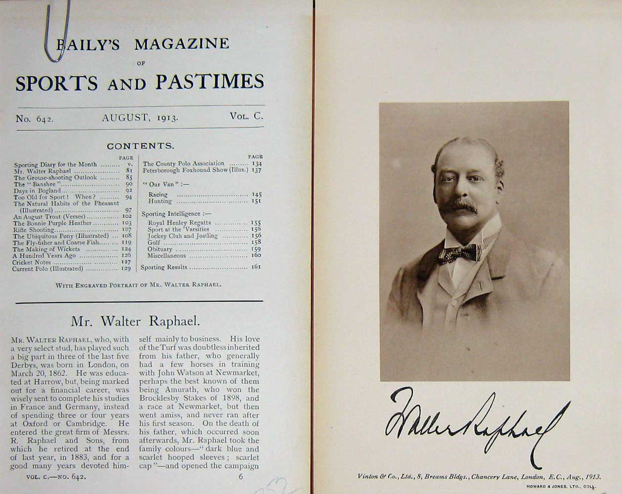 Original Old Antique Print 1913 Portrait Mr Walter Raphael Sportsman 20th