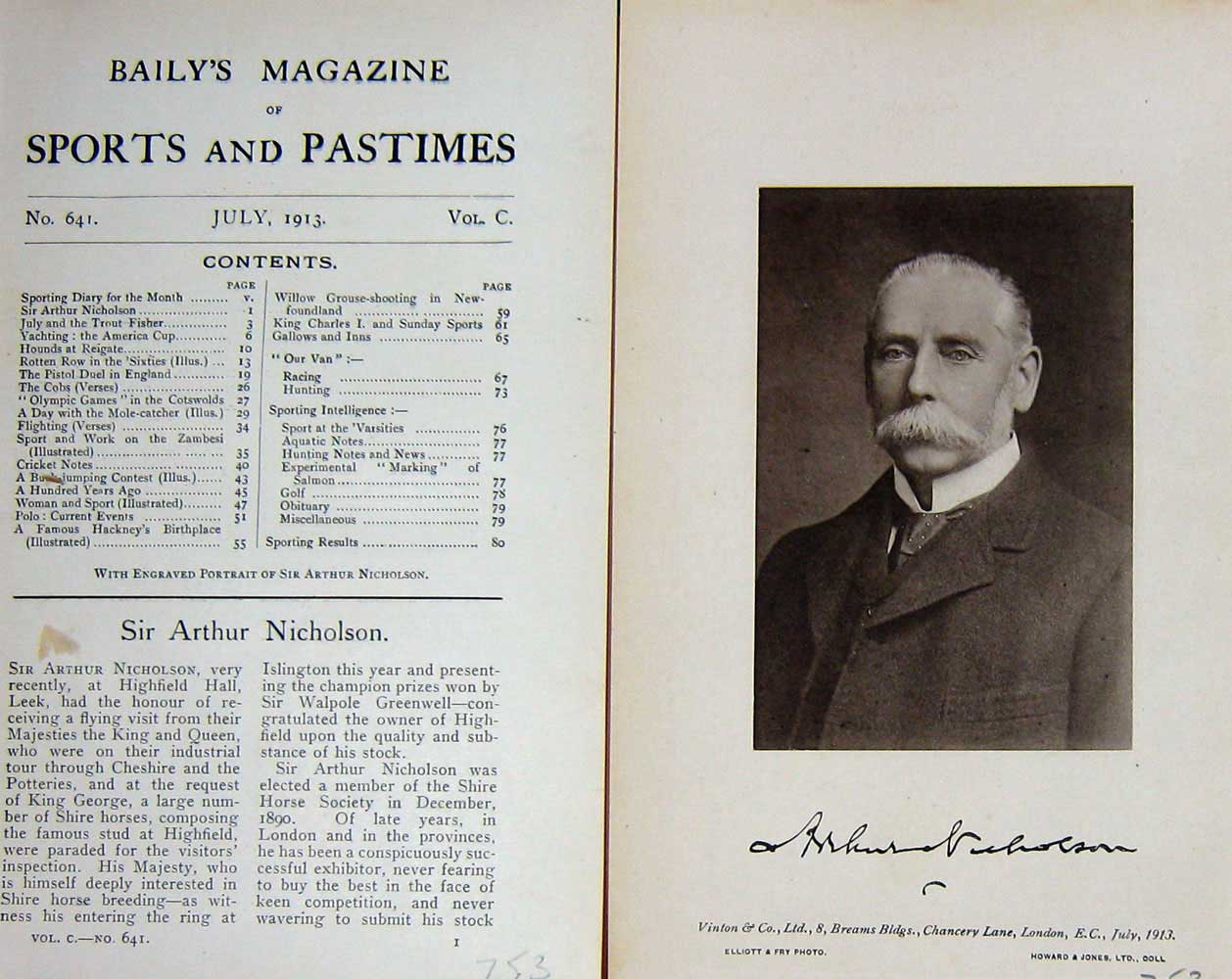 Original Old Antique Print 1913 Portrait Sir Arthur Nicholson Photograph 20th