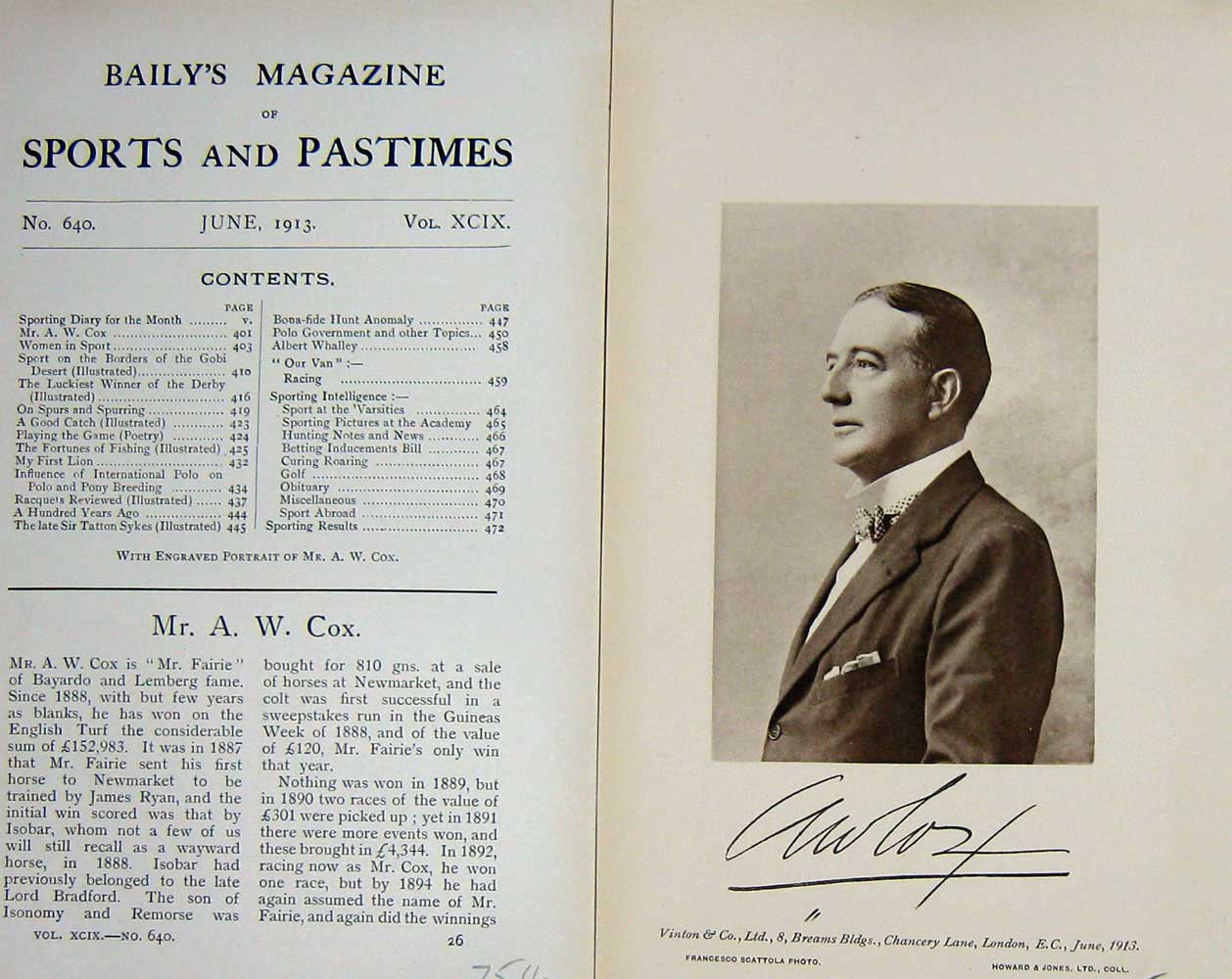 Original Old Antique Print 1913 Portrait Mr A.W Cox Photograph Sportsman 20th