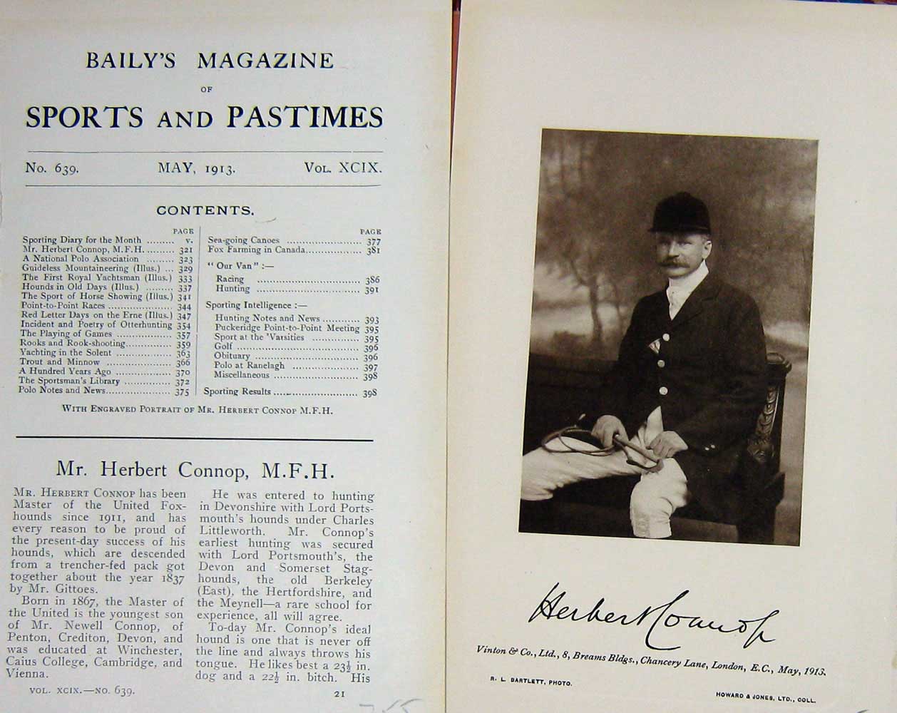 Original Old Antique Print 1913 Portrait Mr Herbert Cannop Master Hounds 20th