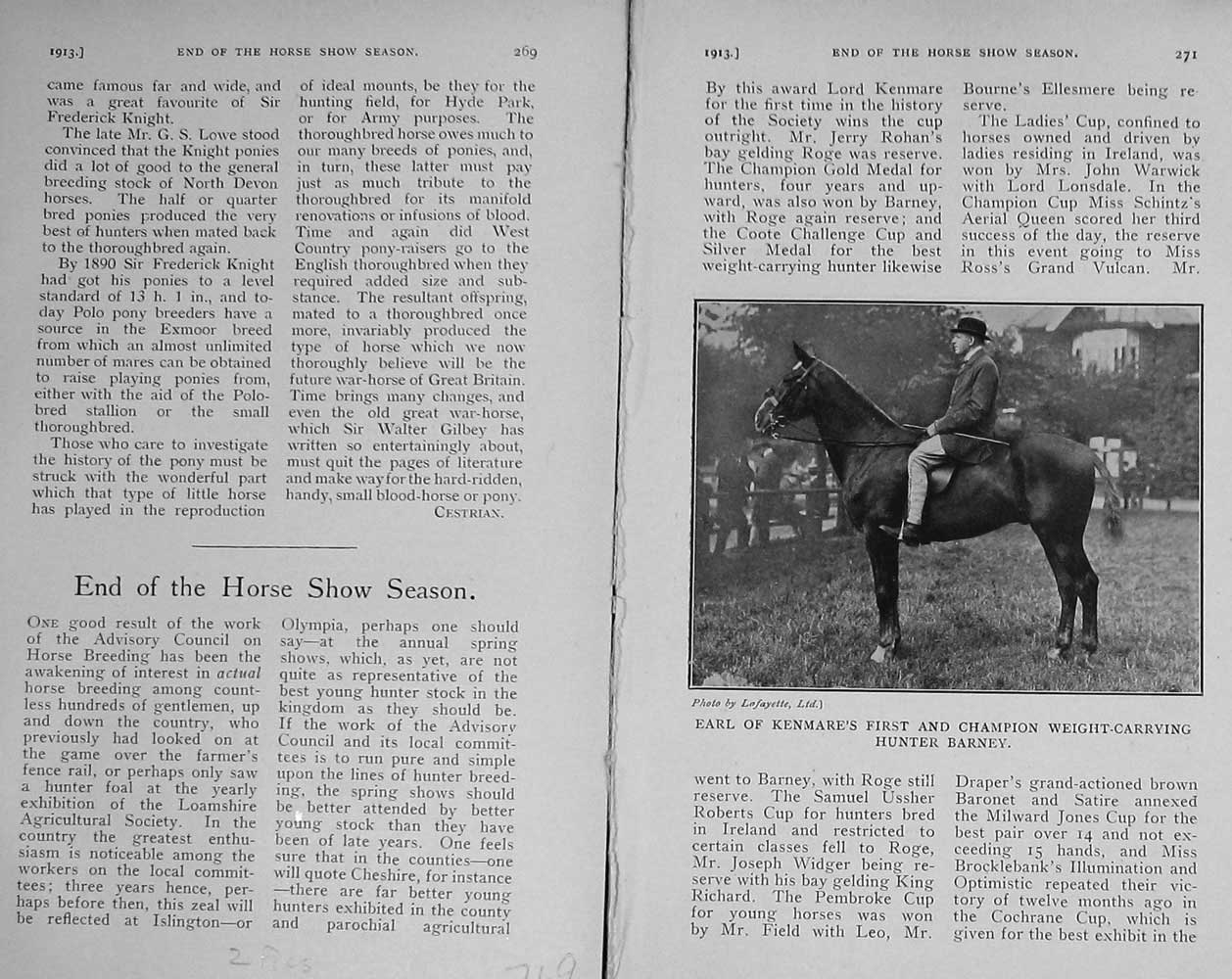 Original Old Antique Print 1913 Earl Kenmare Hunter Horse Barney Dublin Show