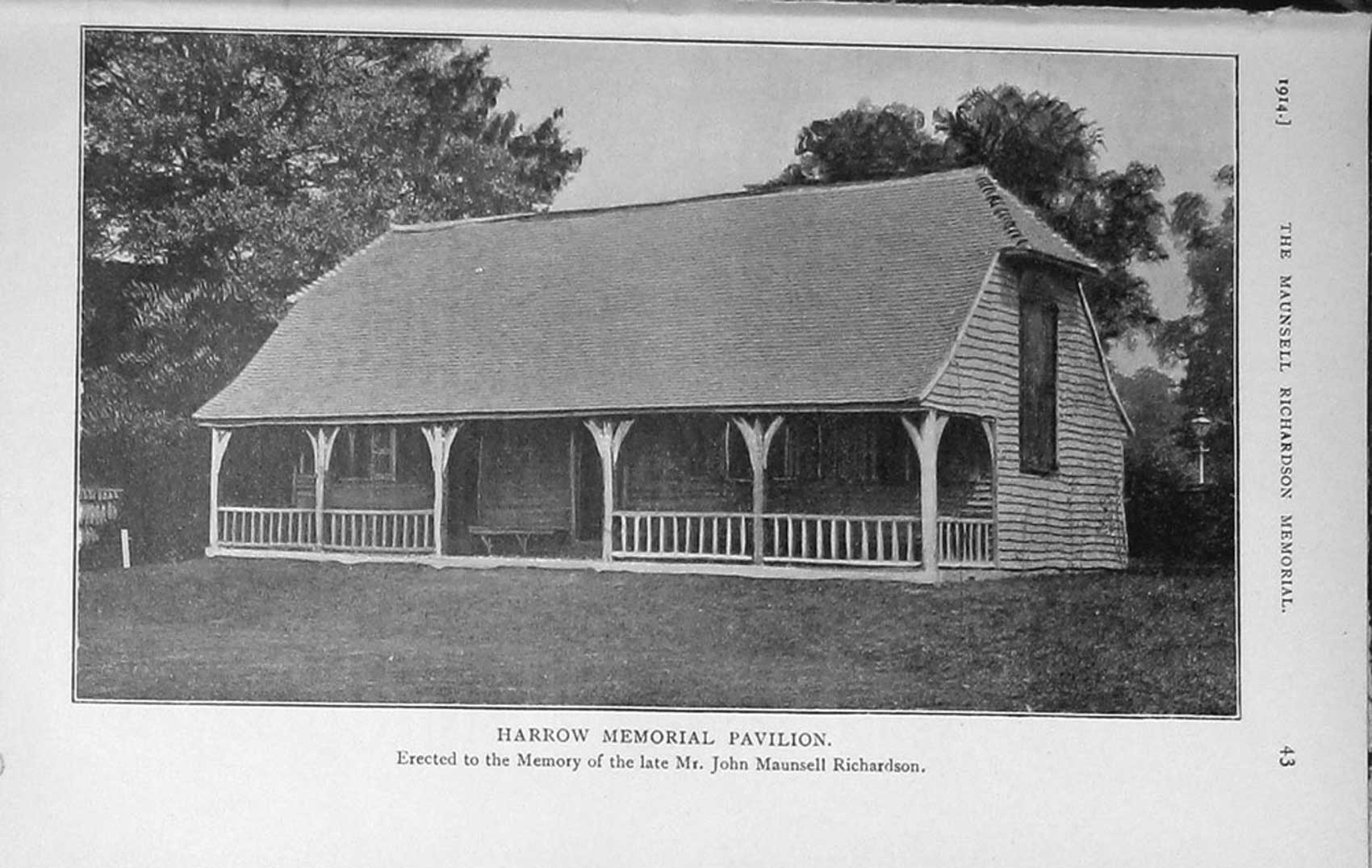 Original Old Antique Print 1914 Harrow Memorial Pavilion John Richardson Photo