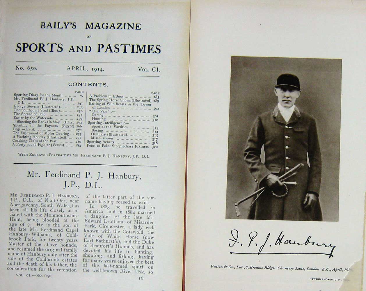 Original Old Antique Print 1914 Portrait Mr Ferdinand Hanbury Huntsman 20th