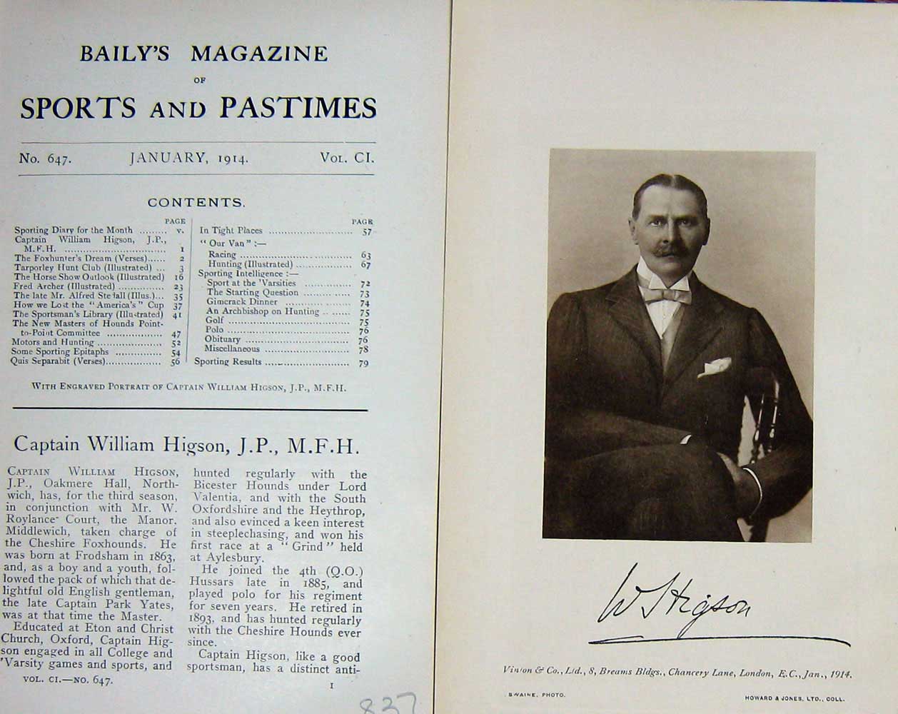 Original Old Antique Print 1914 Portrait Captain William Higson Huntsman 20th