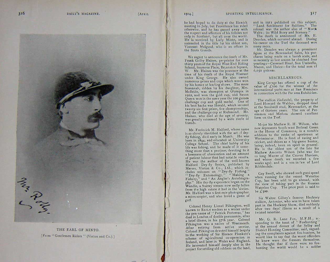 Original Old Antique Print 1914 Portrait Earl Minto Jockey Sport Vinton 20th