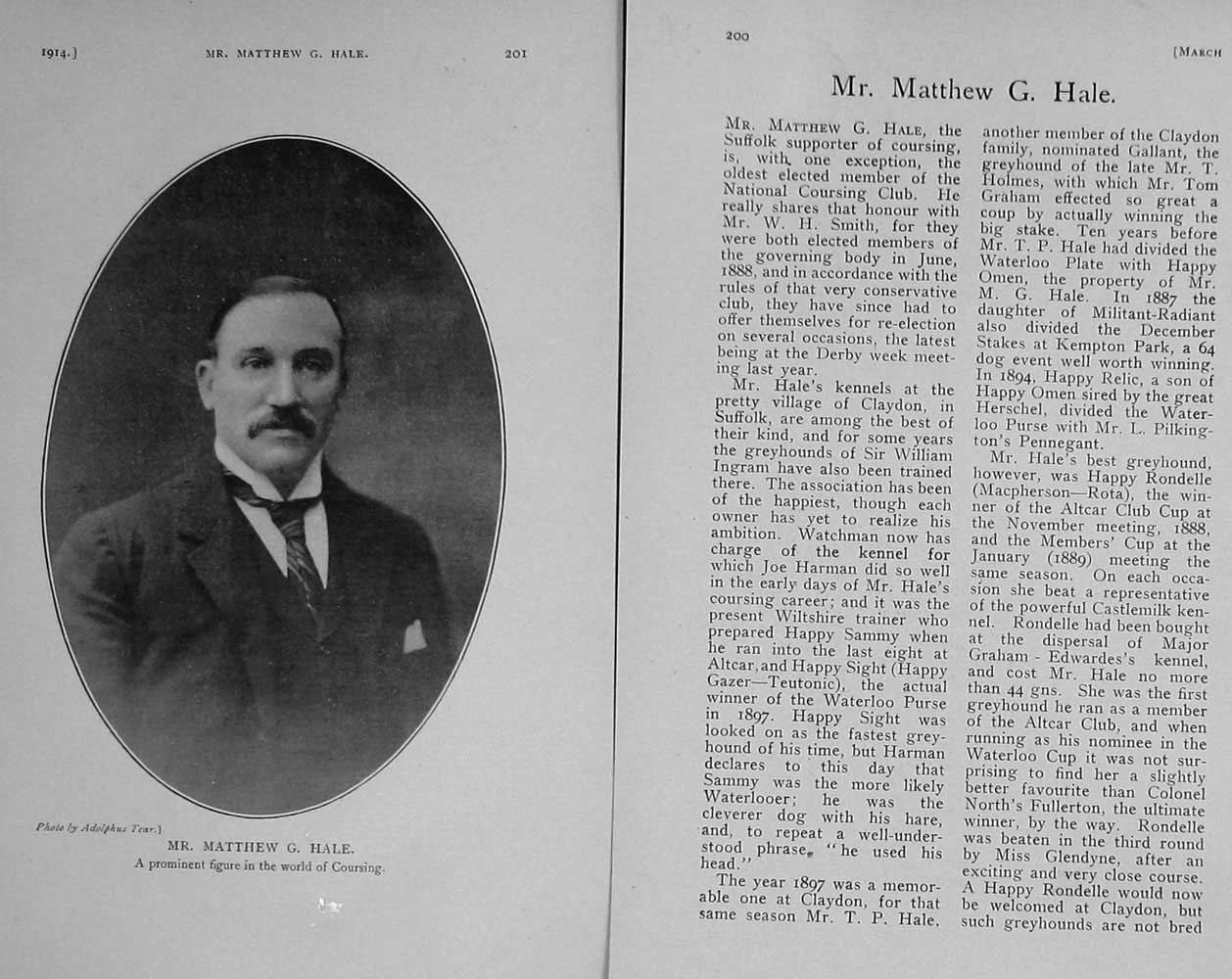 Original Old Antique Print 1914 Portrait Mr Matthew G. Hale Coursing Sport