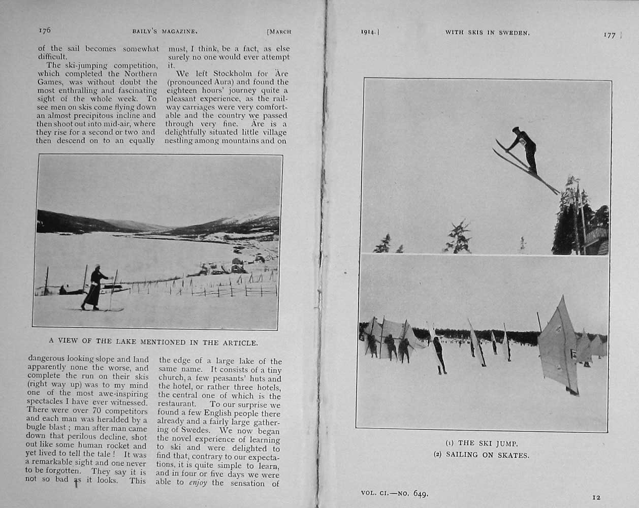 Original Old Antique Print 1914 Ski-Ing Sweden Skates Sailing Pulka Laplanders