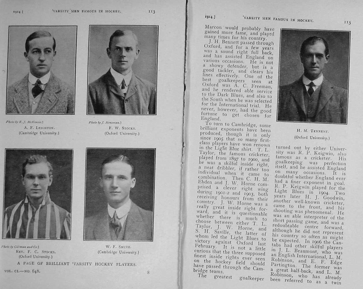 Antique Old Print 1914 Hockey Sport Leighton Stocks Smith Tennent Varsity 20th