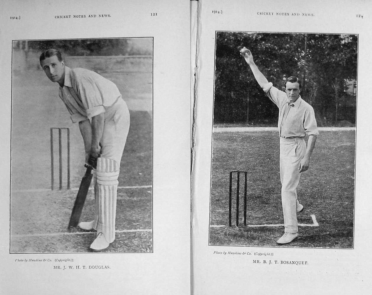 Original Old Antique Print 1914 Portrait Cricket Douglas Bosanquet Sport 20th