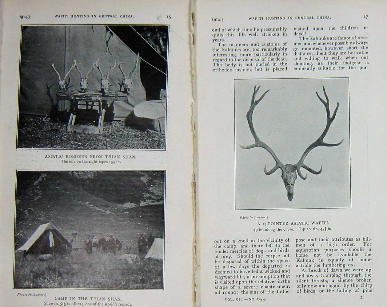 Original Old Antique Print 1914 Wapiti Hunting China Asiatic Roedeer Thian Shan