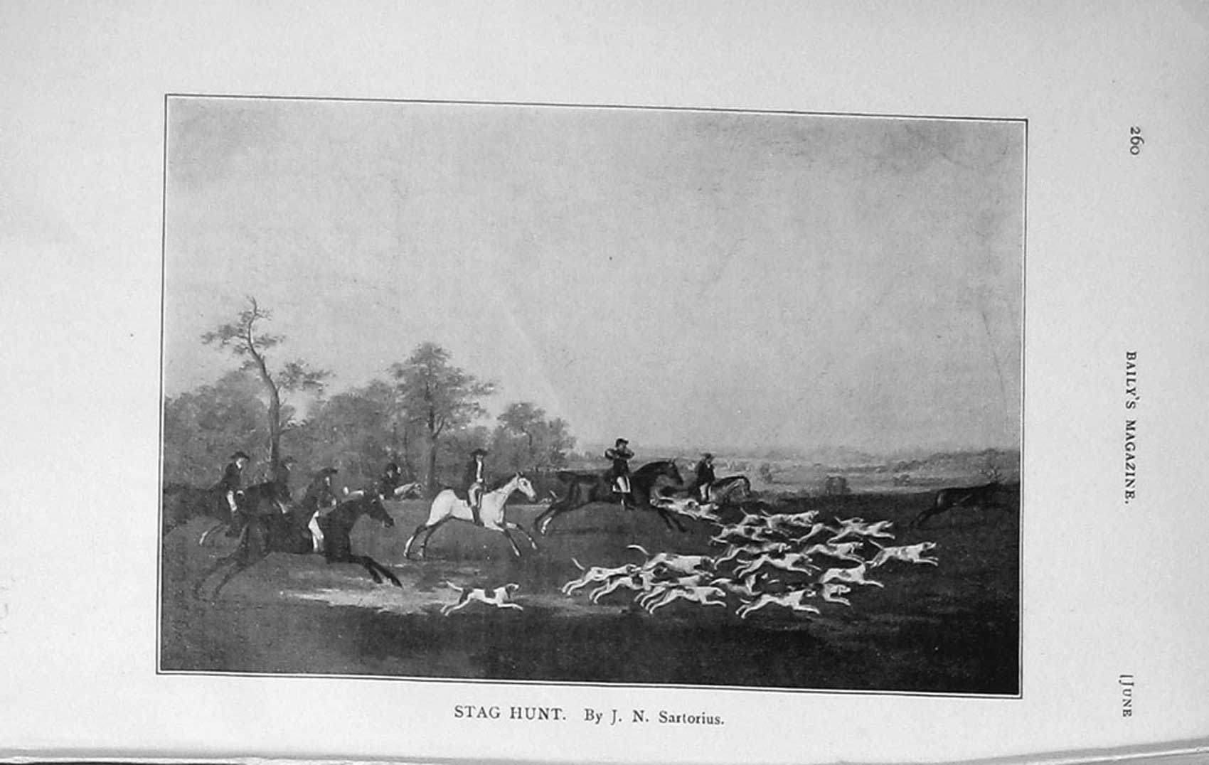 Original Old Antique Print 1915 Stag Hunting Sport Hounds Horses 20th Century