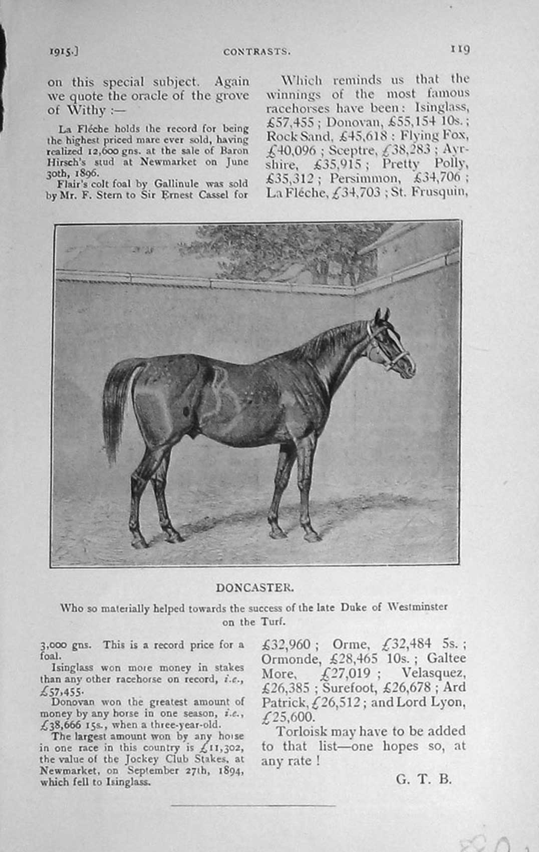 Original Old Antique Print 1915 Doncaster Horse Duke Westminster 20th Century