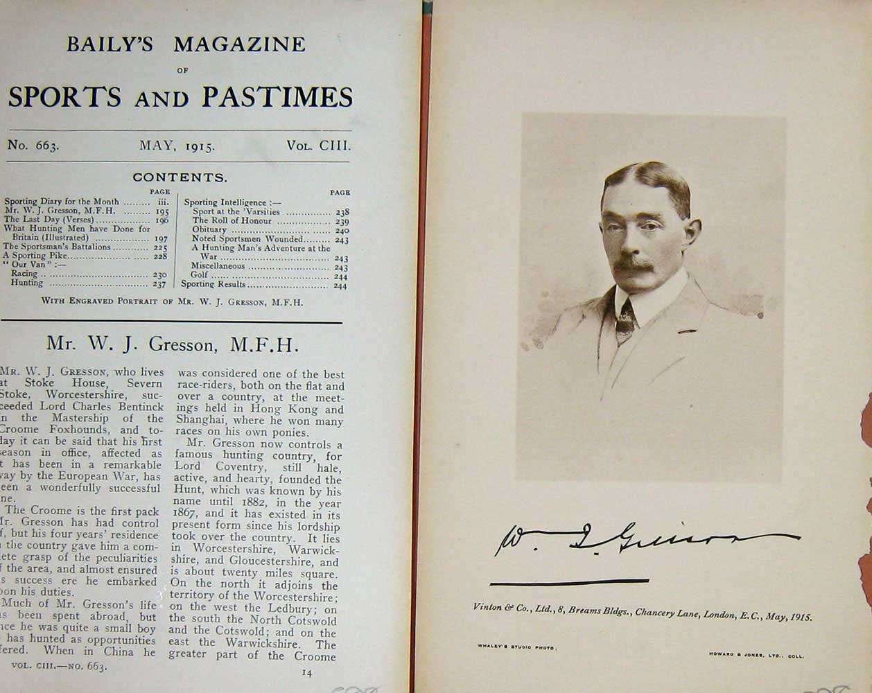 Original Old Antique Print 1915 Portrait Mr W.J Gresson Worcestershire 20th