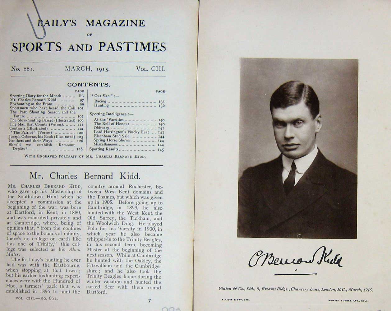 Original Old Antique Print 1915 Portrait Mr Charles Bernard Kidd Huntsman 20th