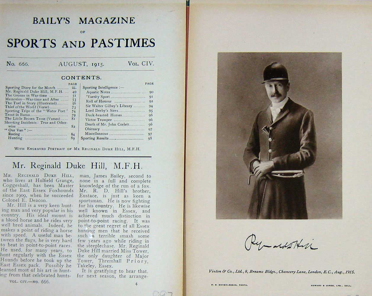 Original Old Antique Print 1915 Portrait Mr Reginald Duke Hill Master Hunt 20th