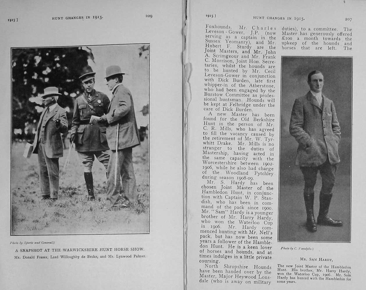 Original Old Antique Print 1915 Portrait Sam Hardy Warwickshire Hunt Show 20th