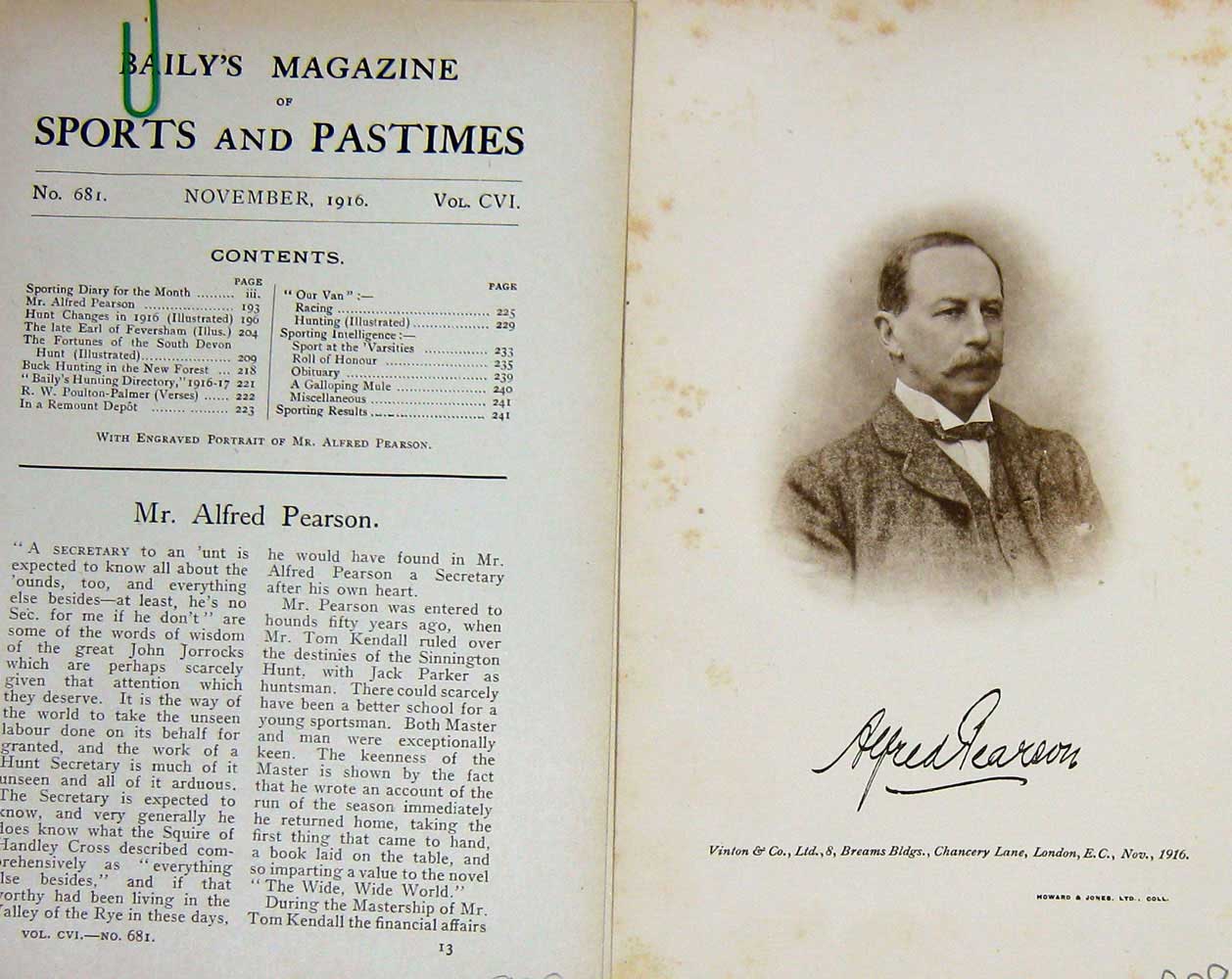 Original Old Antique Print 1916 Portrait Mr Alfred Pearson Huntsman 20th