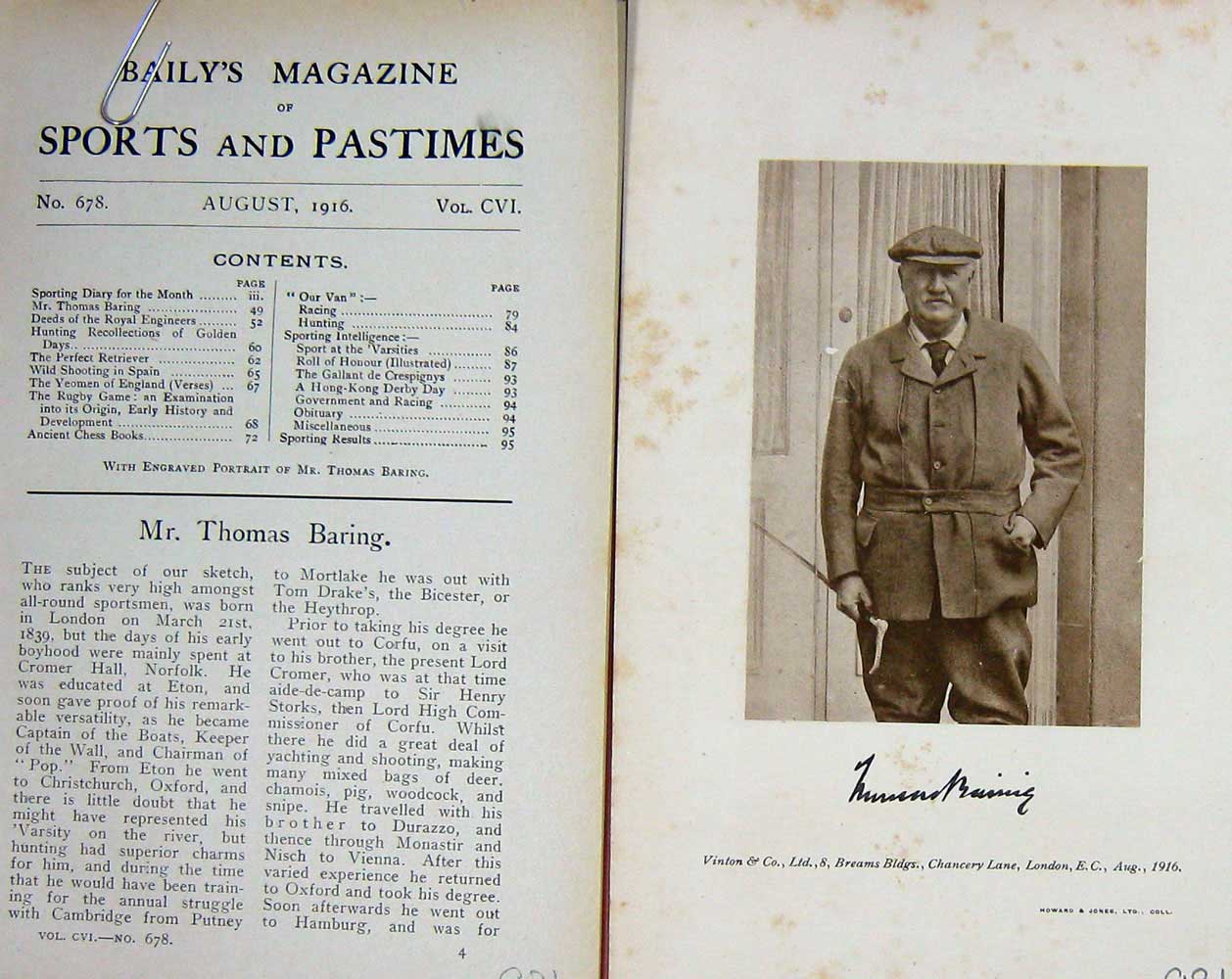 Original Old Antique Print 1916 Portrait Mr Thomas Baring Sportsman 20th