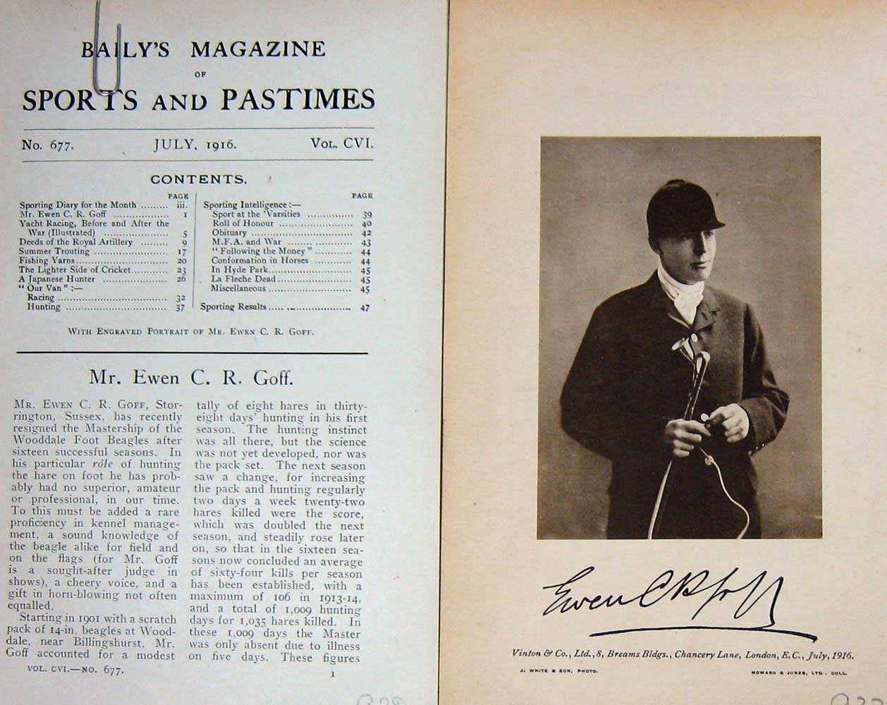 Original Old Antique Print 1916 Portrait Mr Ewen C.R Goff Wooddale Beagles 20th