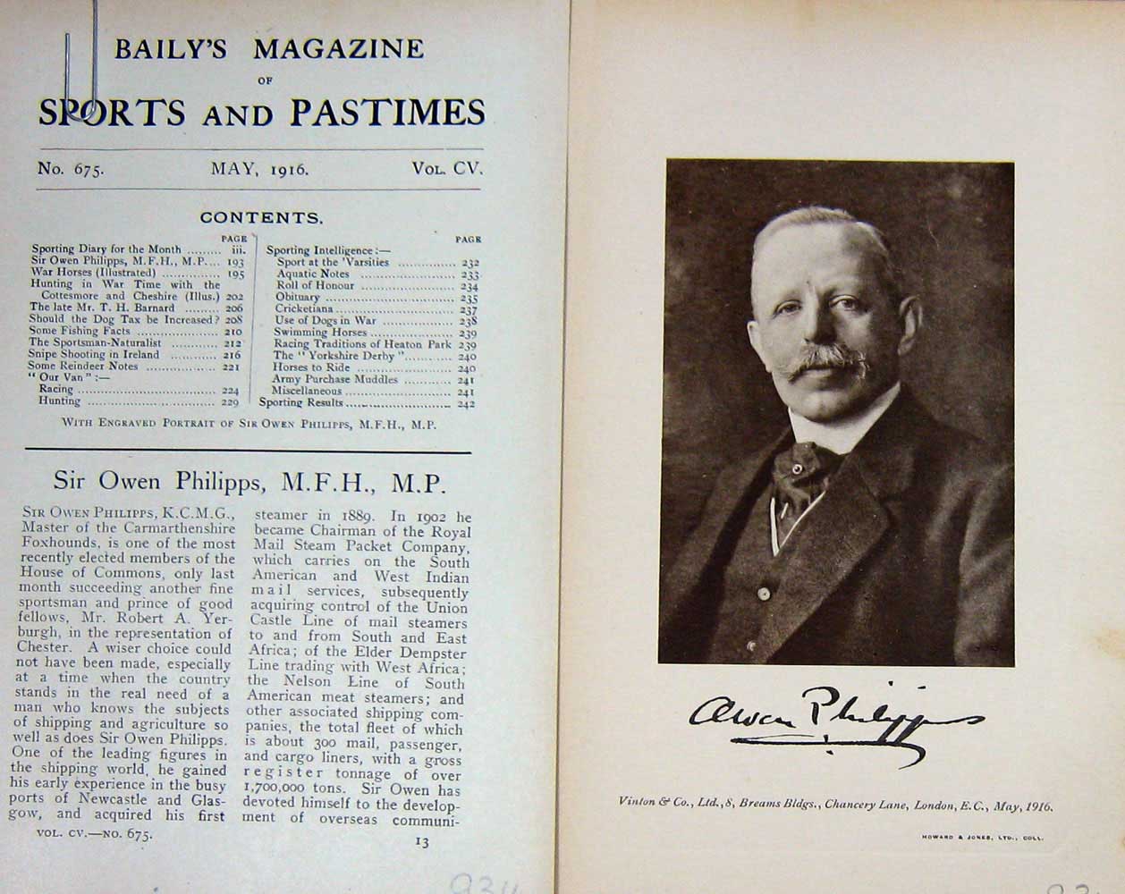Original Old Antique Print 1916 Portrait Sir Owen Philipps Carmarthenshire 20th
