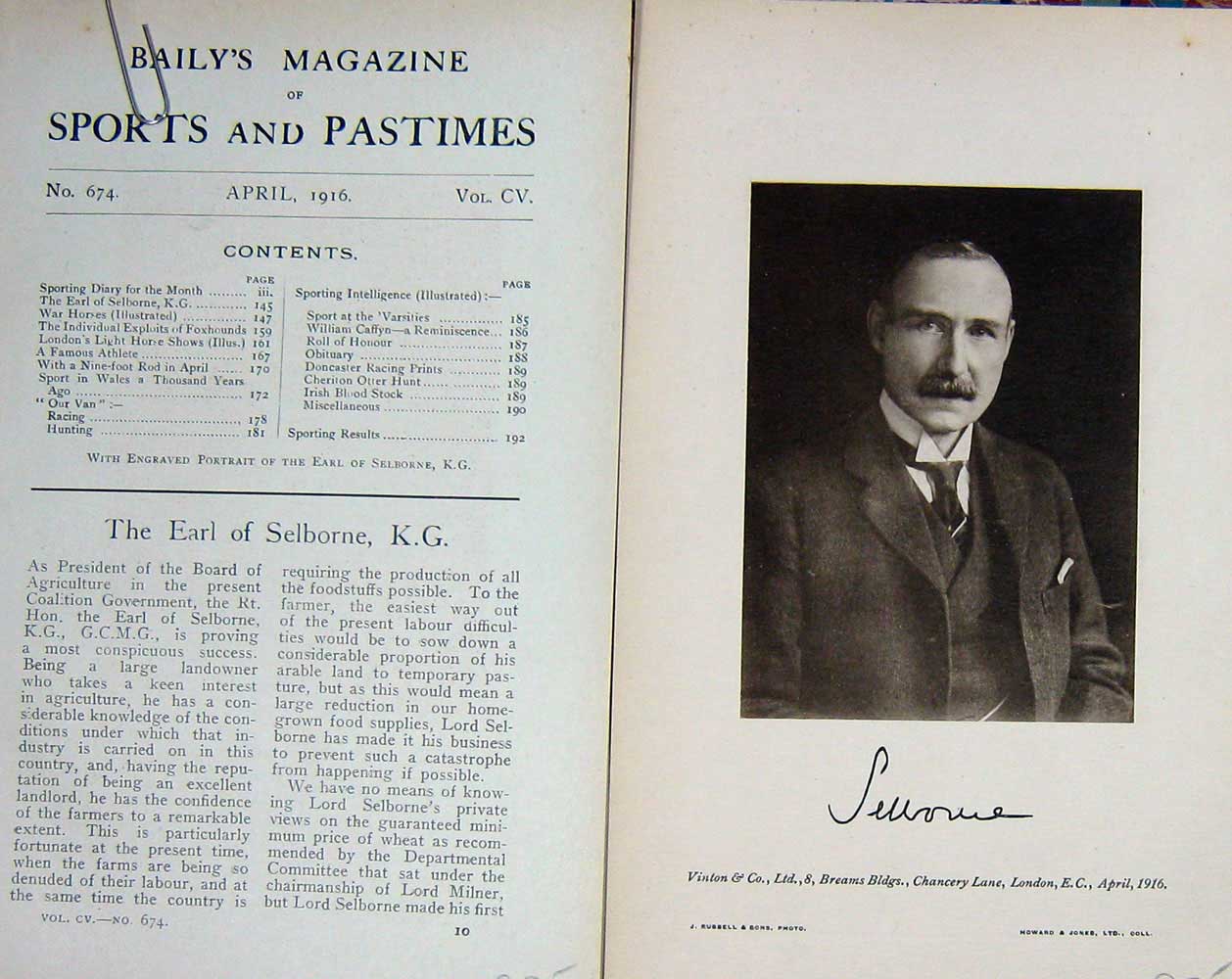 Original Old Antique Print 1916 Portrait Earl Selborne K.G Agriculture 20th