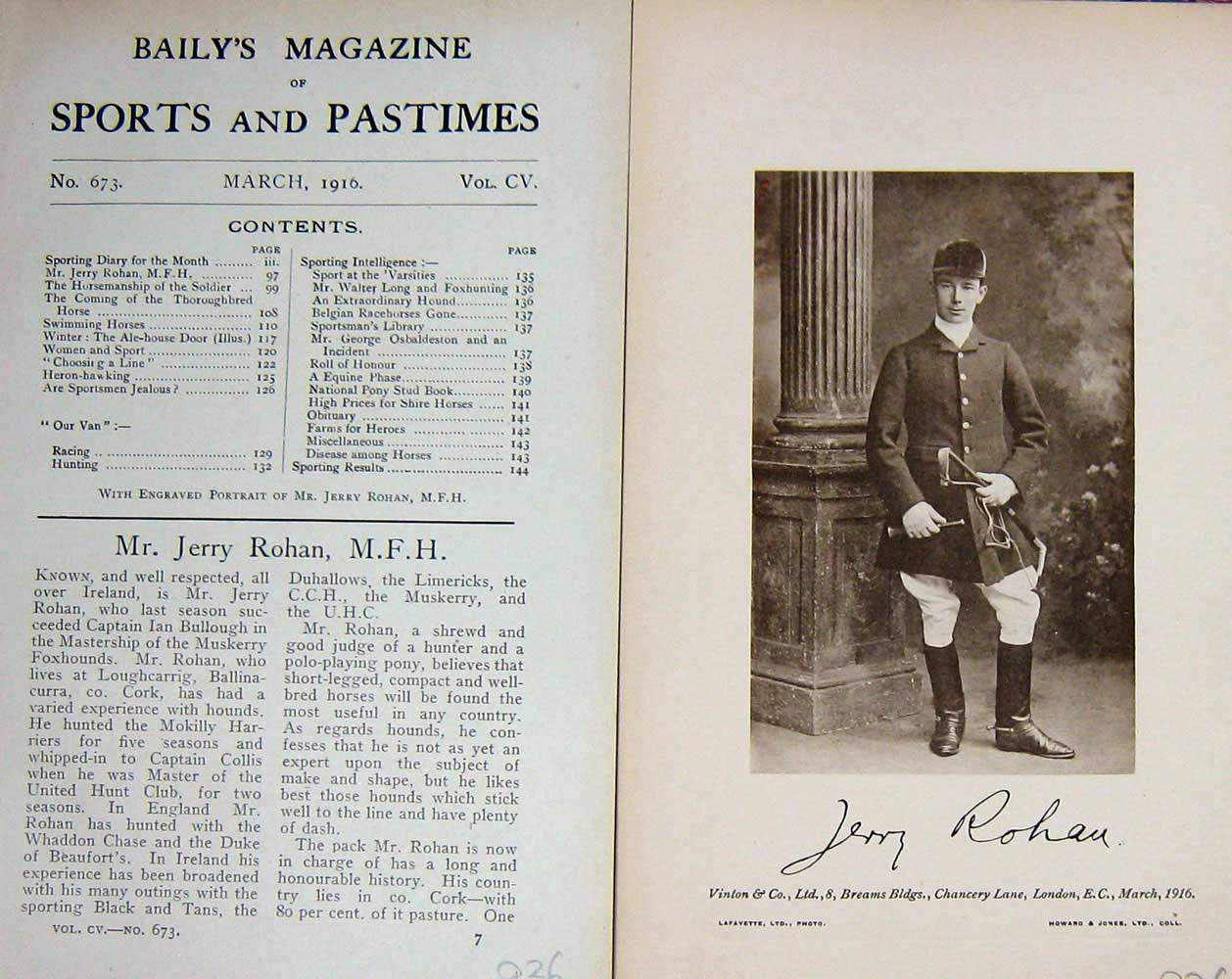 Original Old Antique Print 1916 Portrait Mr Jerry Rohan Muskerry Hounds 20th