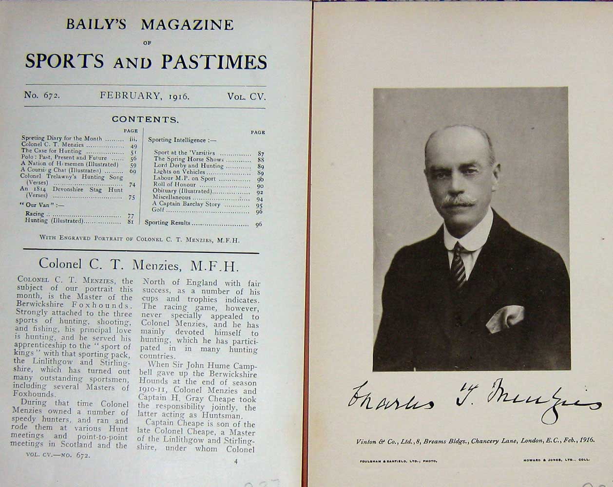 Original Old Antique Print 1916 Portrait Colonel C.T Menzies Berwickshire 20th