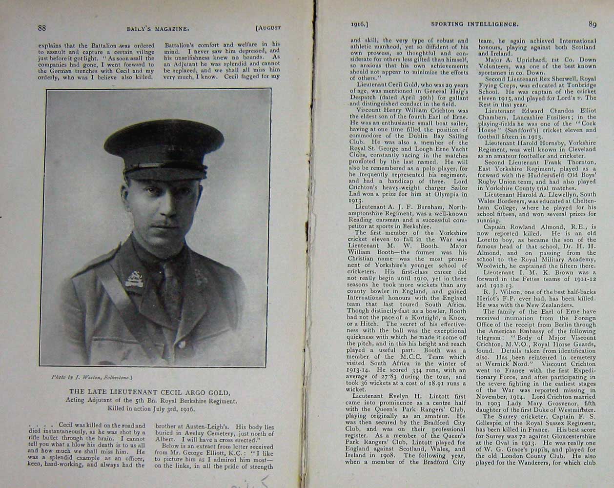 Original Old Antique Print 1916 Portrait Lieutenant Cecil Argo GWar 20th