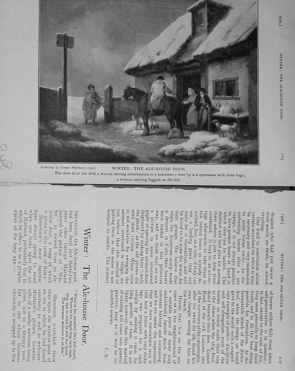 Original Old Antique Print 1916 Winter Ale-House Door Horseman Dogs 20th