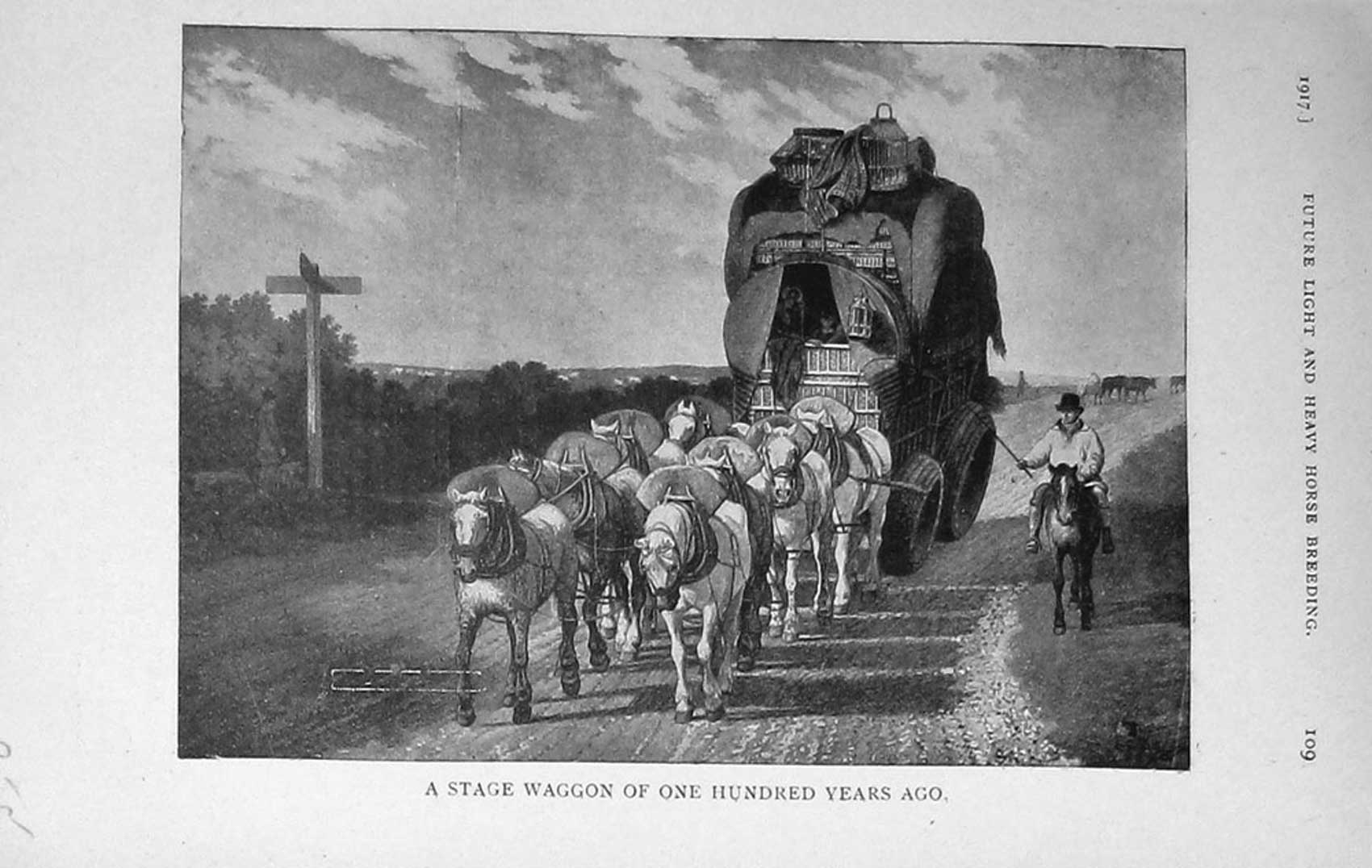 Original Old Vintage Print 1917 Stage Waggon Horses Country Road 20th Century