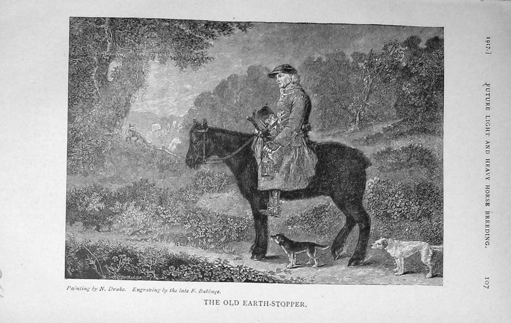 Original Old Vintage Print 1917 Earth Stopper Man Horse Dogs 20th Century