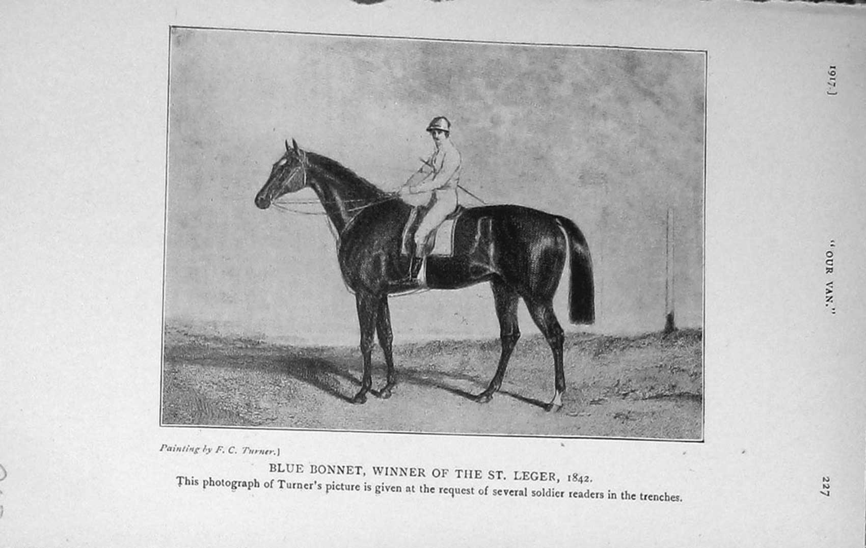 Original Old Vintage Print 1917 Blue Bonnet Horse Winner St Leger 20th Century