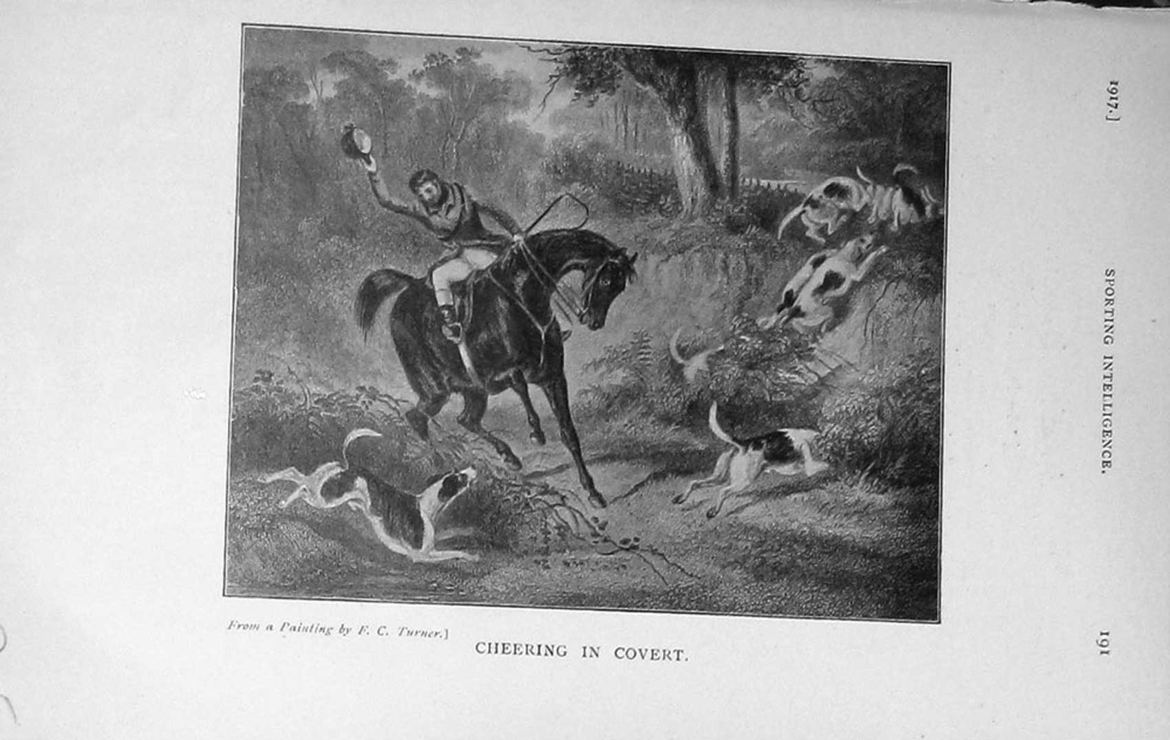 Original Old Vintage Print 1917 Fox Hunting Sport Man Horse Hounds 20th Century