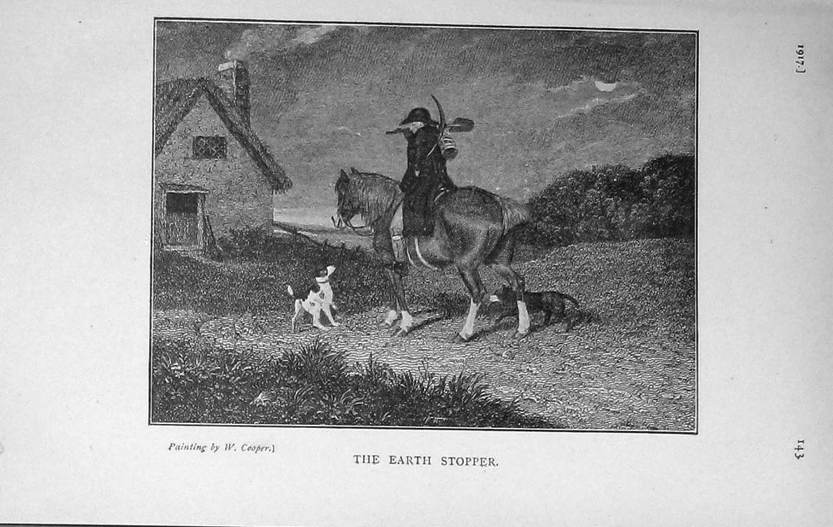 Original Old Vintage Print 1917 Man Horse Dogs Country House Trees 20th Century