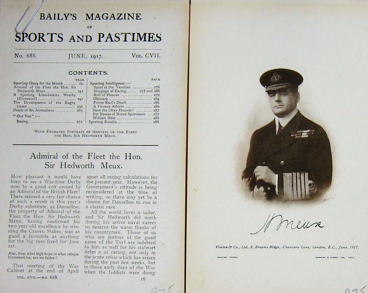 Original Old Vintage Print 1917 Portrait Admiral Sir Hedworth Meux War 20th