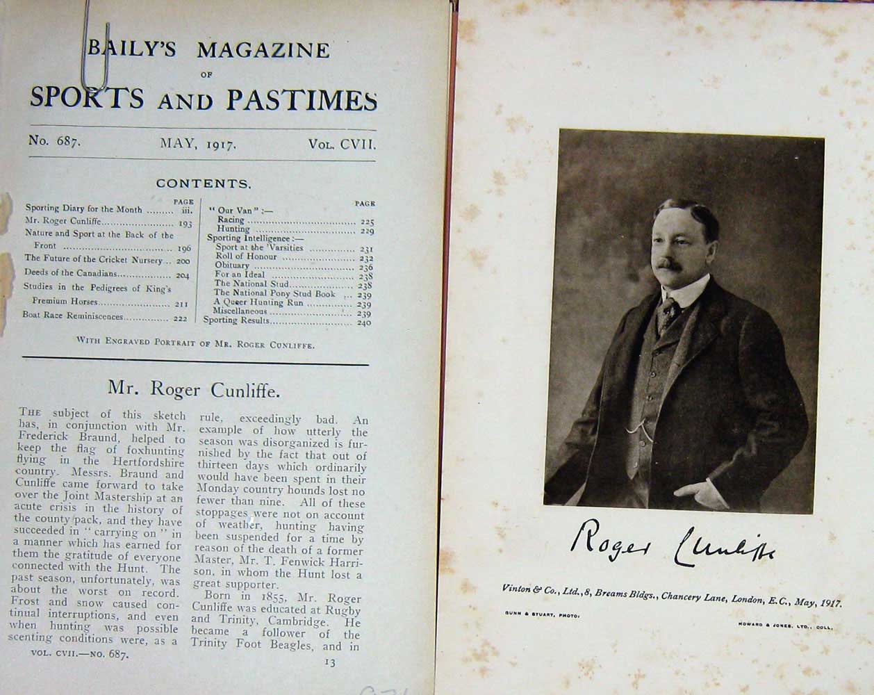 Original Old Vintage Print 1917 Portrait Mr Roger Cunliffe Fox Hunting 20th