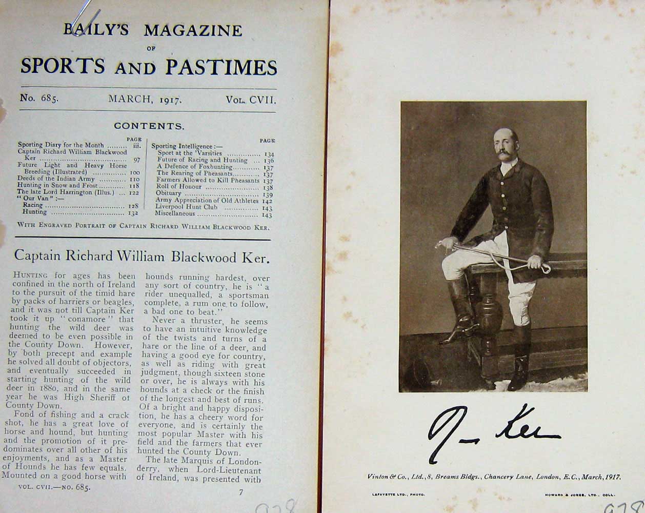 Original Old Vintage Print 1917 Portrait Captain Richard William Blackwood 20th