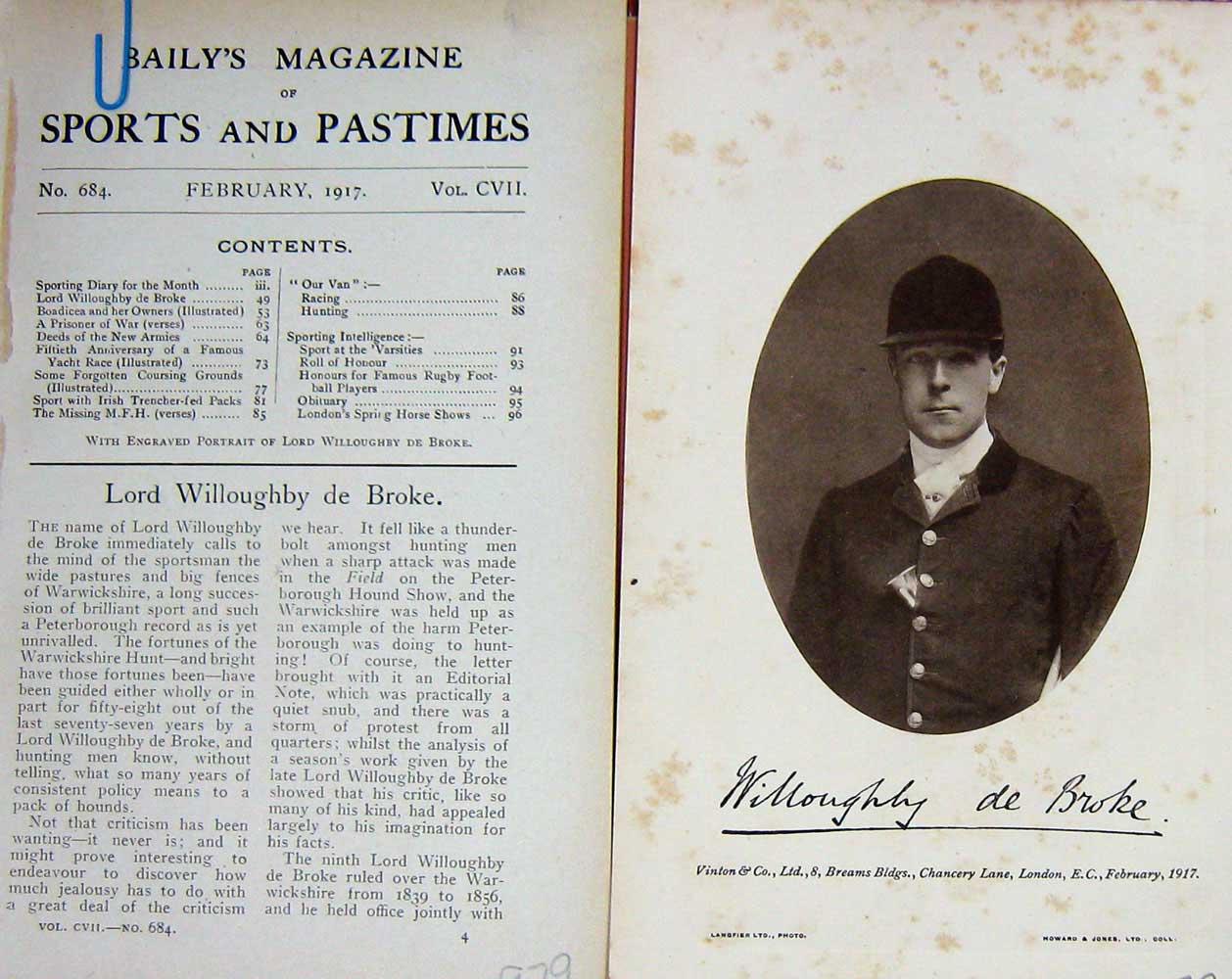 Original Old Vintage Print 1917 Portrait Lord Willoughby De Broke Sport 20th