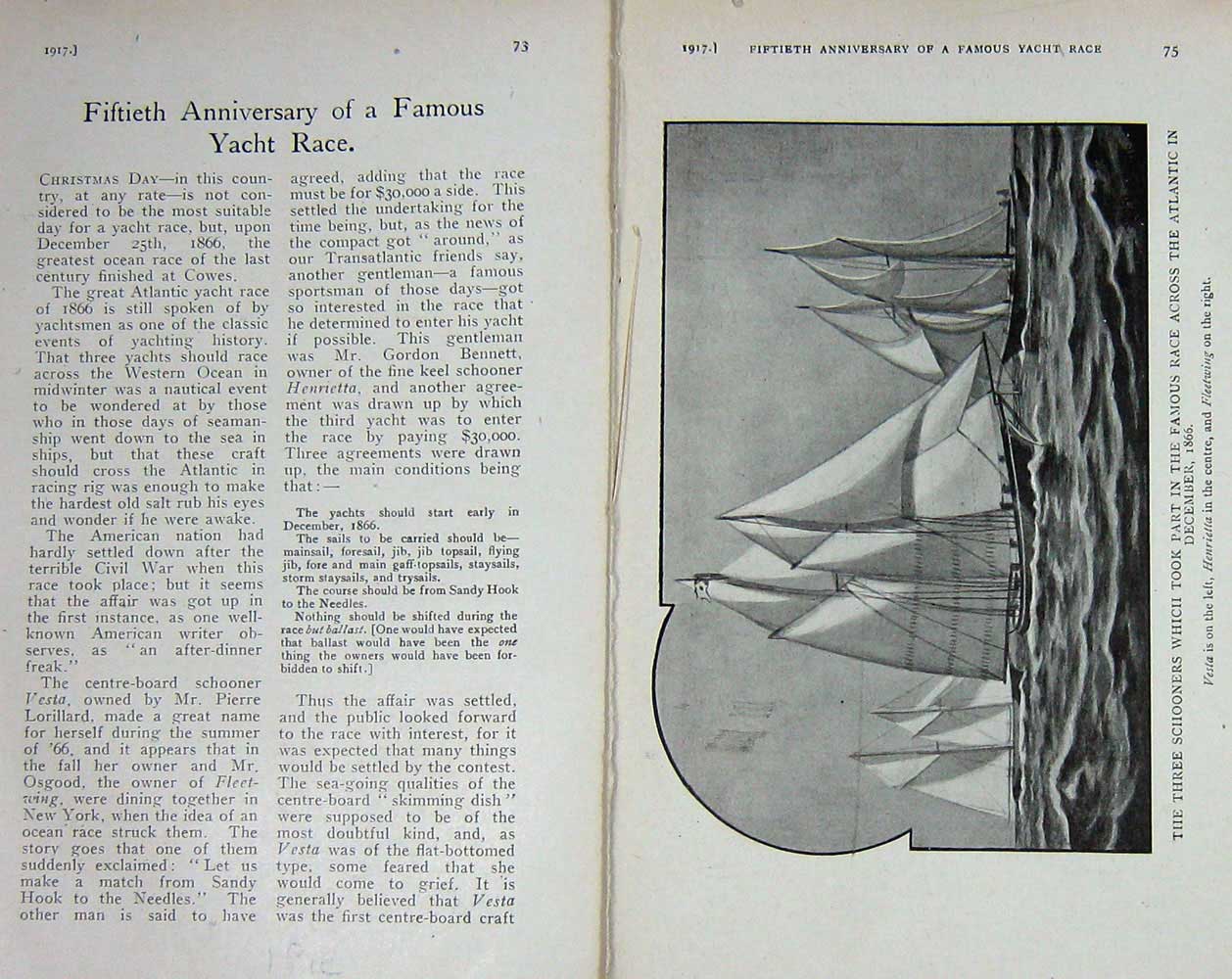Old Vintage Print 1917 Yacht Race Schooners Atlantic Sport Sailing Boats 20th
