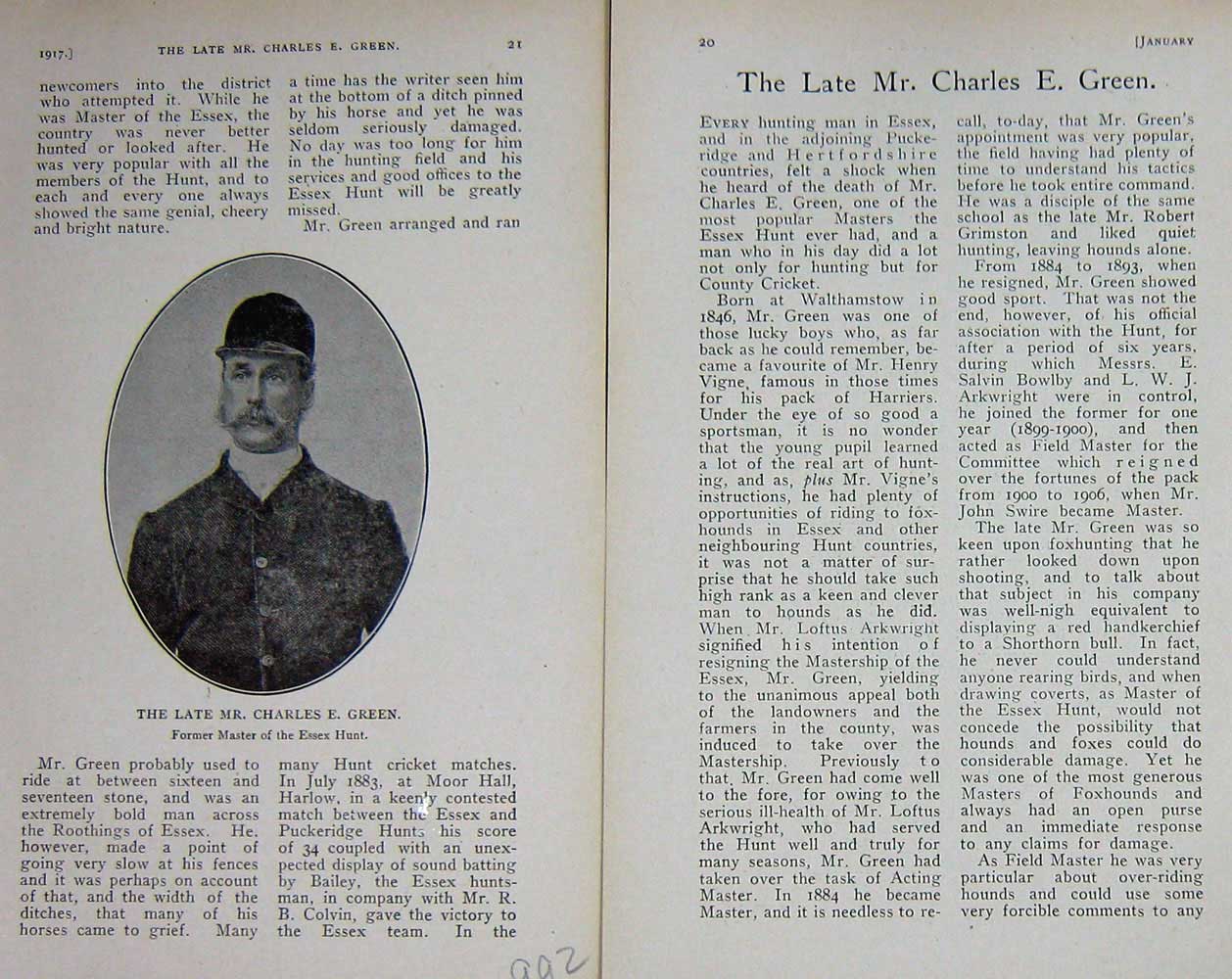 Original Old Vintage Print 1917 Portrait Charles Green Essex Hunt Master 20th
