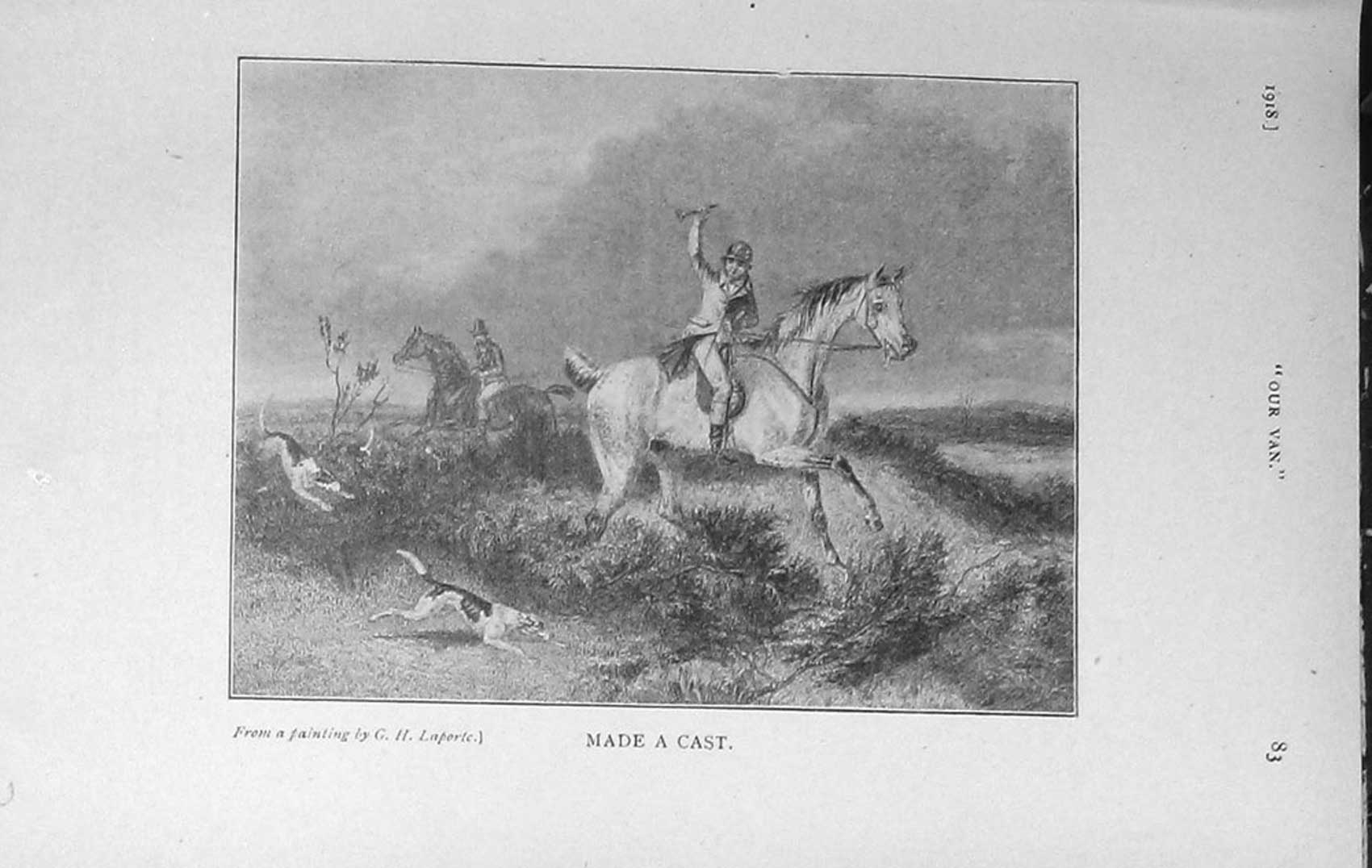 Original Old Vintage Print 1918 Hunting Horses Hounds Dogs Country 20th Century