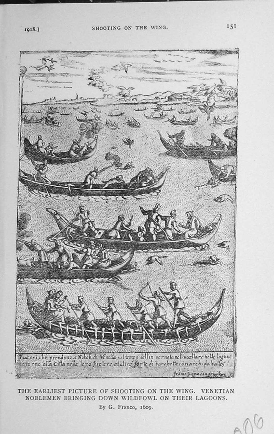 Original Old Vintage Print 1918 Boats Shooting Wing Venetian Noblemen Wildfowl