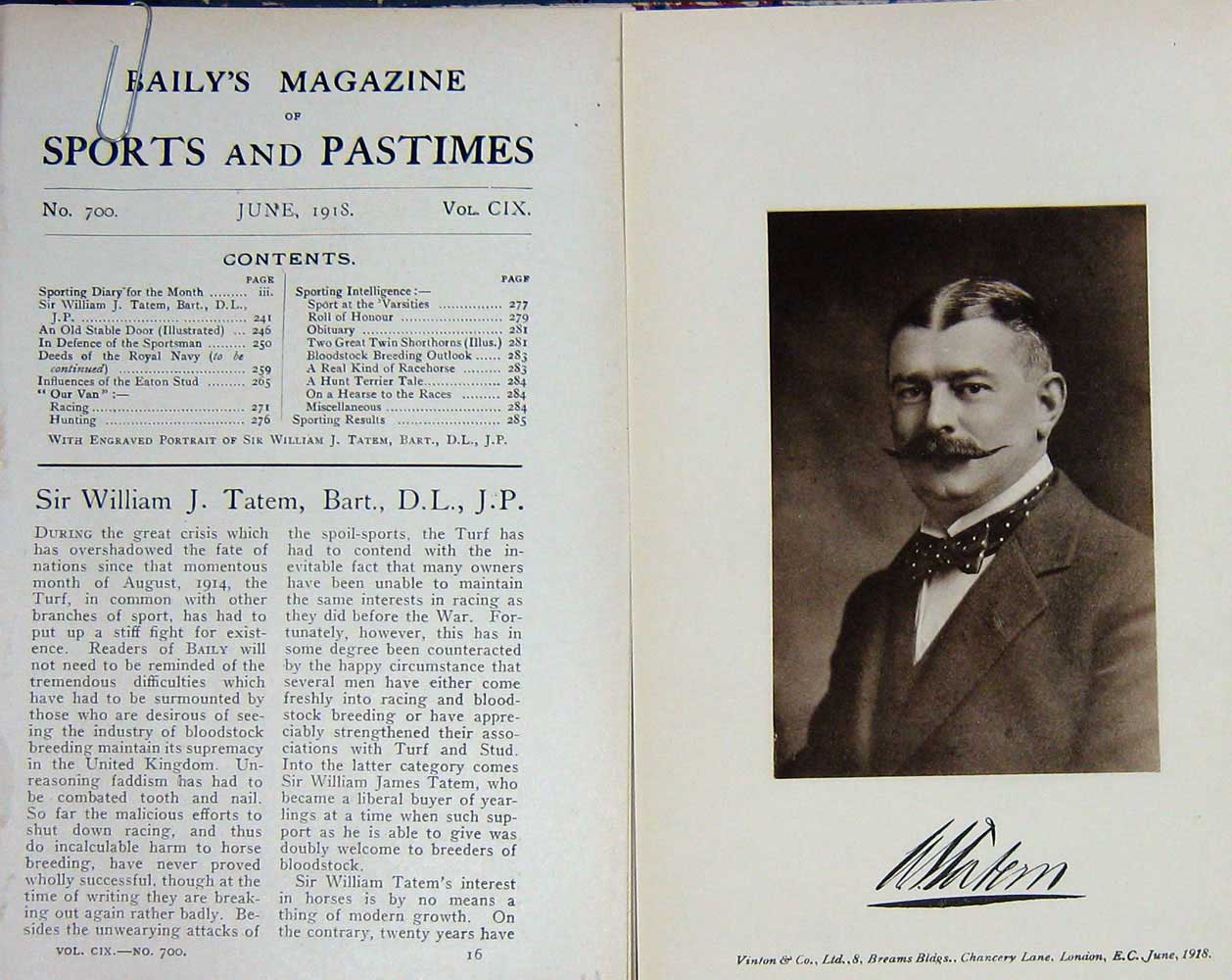 Original Old Vintage Print 1918 Portrait Sir William James Tatem Bart D.L 20th