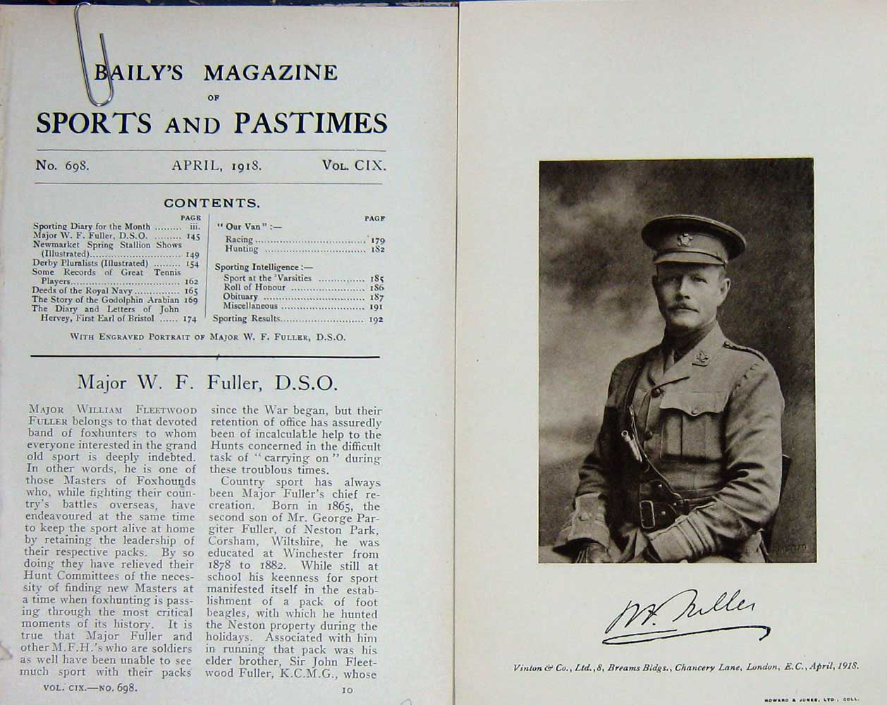 Original Old Vintage Print 1918 Portrait Major William Fleetwood Fuller 20th